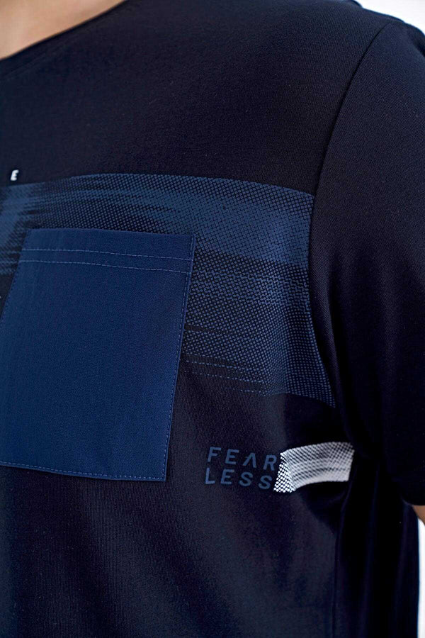 Tommylife Toptan Lacivert Ön Cep Detaylı Baskılı Standart Kalıp Erkek T-Shirt - 88200