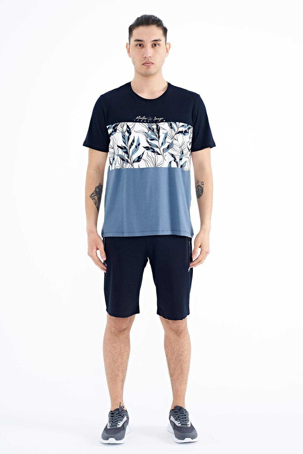 Tommylife Toptan Lacivert Renk Geçişli Baskı Detaylı O Yaka Standart Kalıp Erkek T-Shirt - 88177