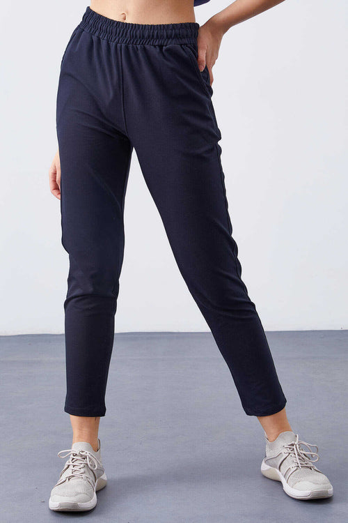 Pantaloni de trening pentru femei, bleumarin, cu talie înaltă, Tommylife, en-gros, model jogger, croială confortabilă, croială slim - 94566