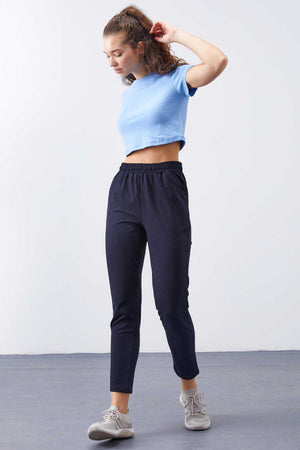 Tommylife Toptan Lacivert Yüksek Bel Jogger Rahat Form Dar Paça Kadın Eşofman Alt - 94566