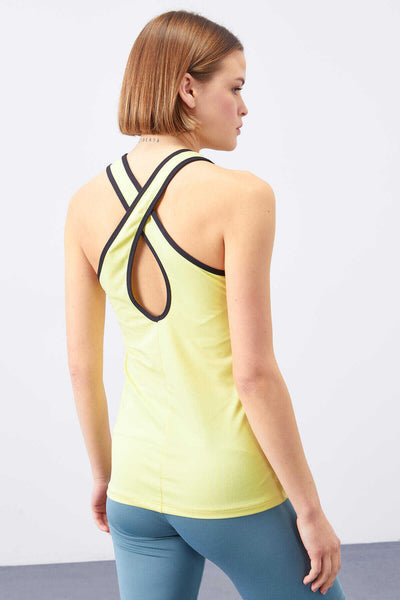 Tommylife Toptan Limon Çapraz Askılı Kolsuz Standart Kalıp Kadın Spor Atlet - 97094