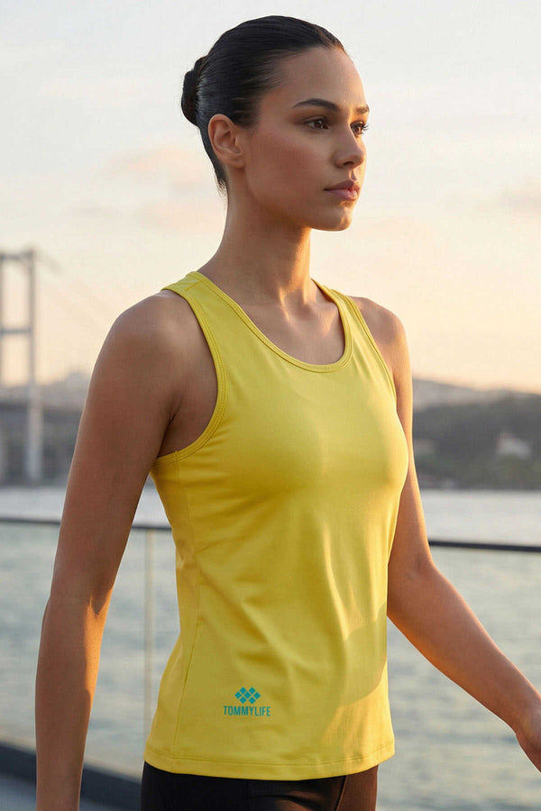 Tommylife Toptan Limon Standart Fit Çapraz Sırt Detaylı Kadın Spor Atlet - 97296