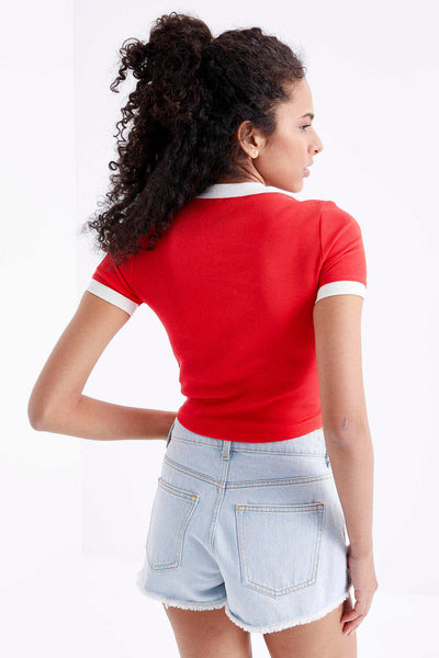 Tommylife Toptan Nar Çiçeği Basic Kol Detaylı O Yaka Kadın Crop Top T-Shirt - 97200