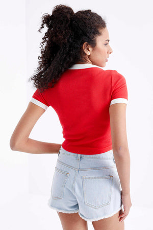 Tommylife Toptan Nar Çiçeği Basic Kol Detaylı O Yaka Kadın Crop Top T-Shirt - 97200