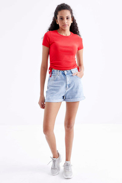 Tommylife Toptan Nar Çiçeği Basic Yanı Büzgülü O Yaka Kadın Crop Top T-Shirt - 97203