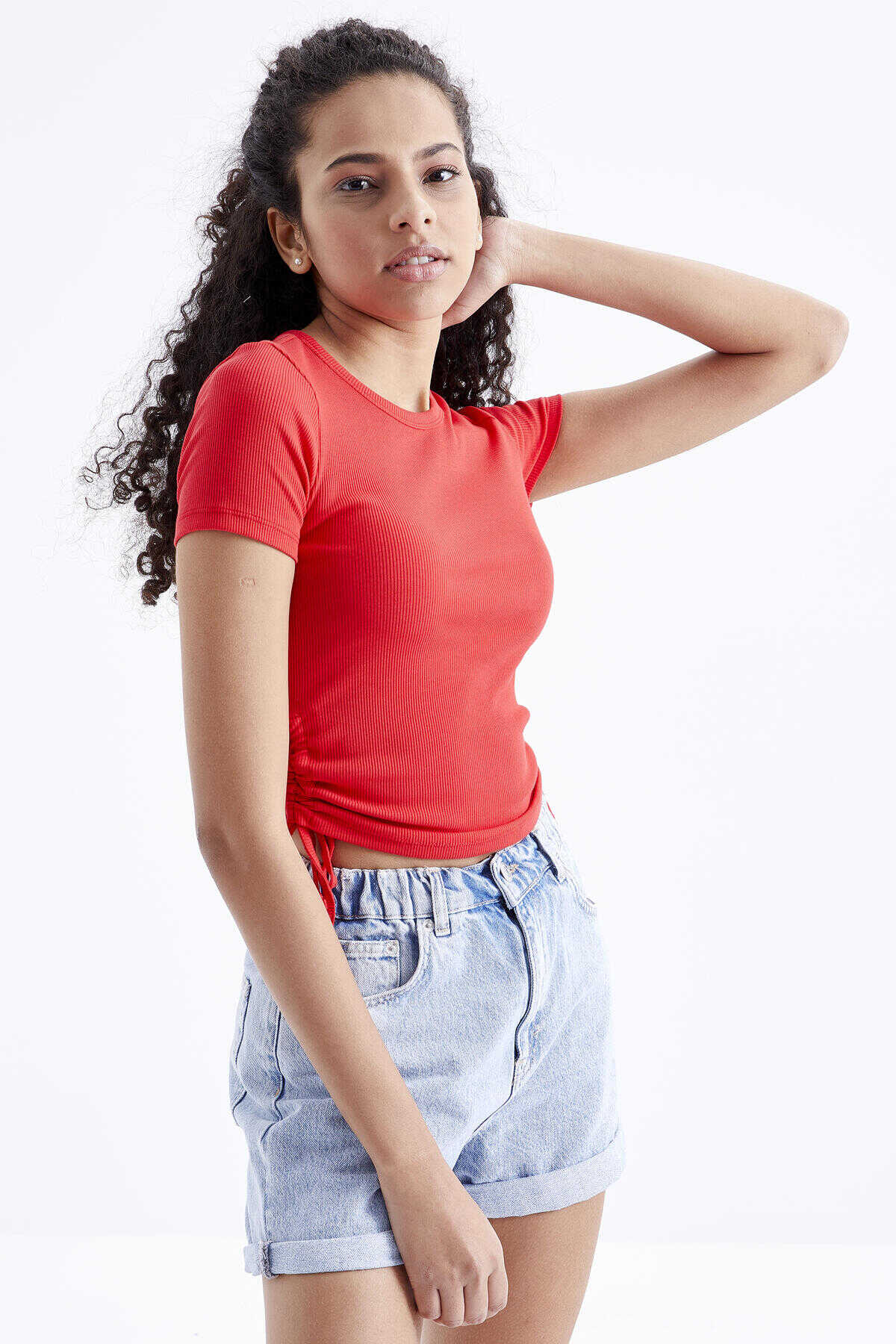 Tommylife Toptan Nar Çiçeği Basic Yanı Büzgülü O Yaka Kadın Crop Top T-Shirt - 97203
