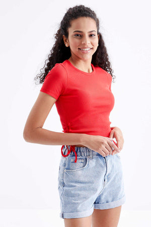 Tommylife Toptan Nar Çiçeği Basic Yanı Büzgülü O Yaka Kadın Crop Top T-Shirt - 97203