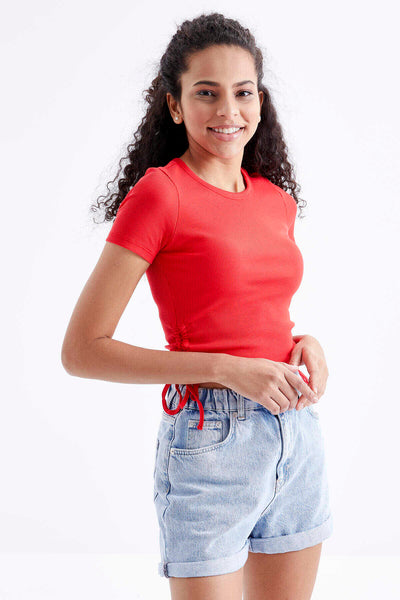 Tommylife Toptan Nar Çiçeği Basic Yanı Büzgülü O Yaka Kadın Crop Top T-Shirt - 97203
