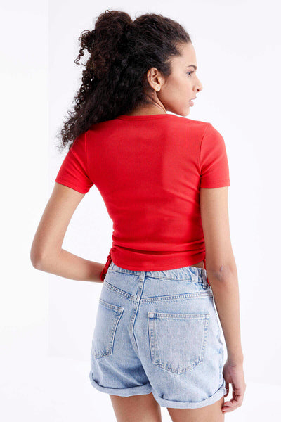 Tommylife Toptan Nar Çiçeği Basic Yanı Büzgülü O Yaka Kadın Crop Top T-Shirt - 97203