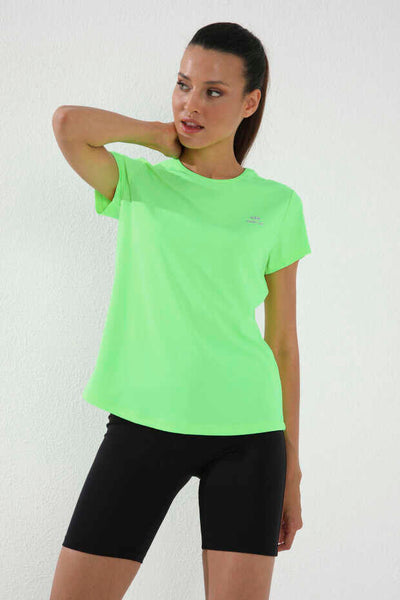 Tommylife Toptan Neon Verde Basic Maneca Scurta Standard Fit Col O Femeie T-Shirt - 97144