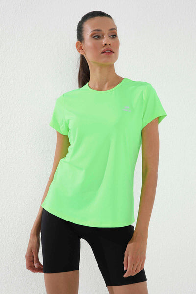 Tommylife Toptan Neon Verde Basic Maneca Scurta Standard Fit Col O Femeie T-Shirt - 97144