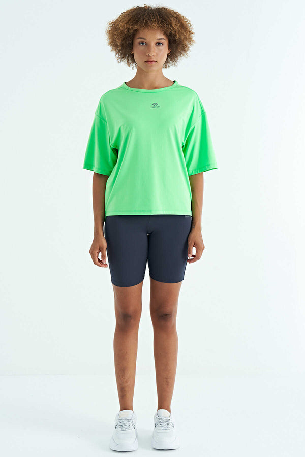 Tommylife Toptan Neon Yeşil O Yaka Baskı Detaylı Oversize Kısa Kol Kadın T-Shirt - 97263