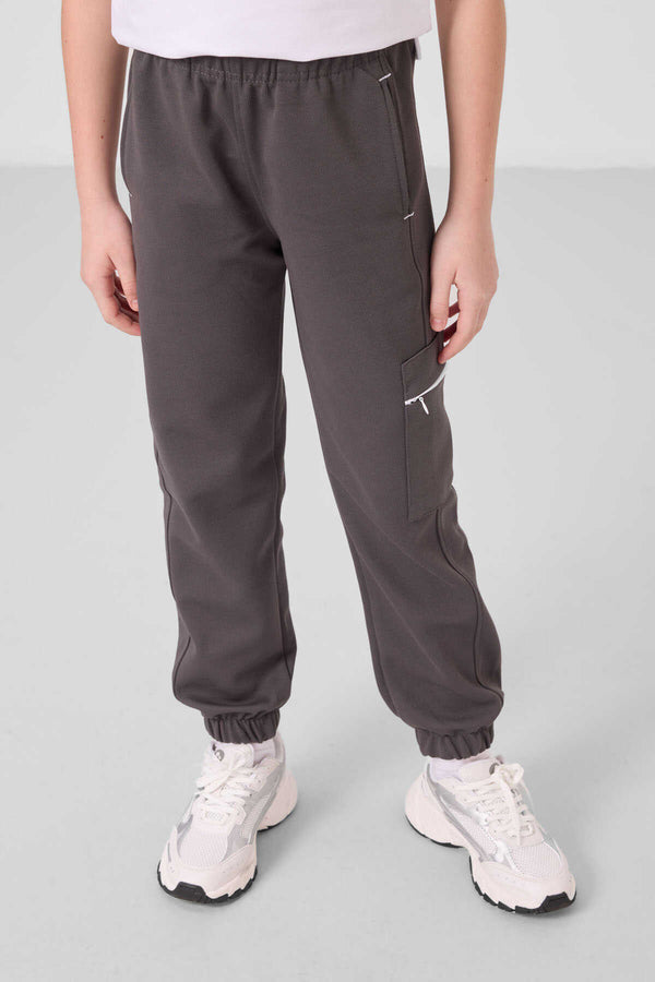 Tommylife Toptan O Yaka Baskılı Lastik Paça Kargo Cepli Kız Çocuk Eşofman Takım 75173 Beyaz Koyu Gri
