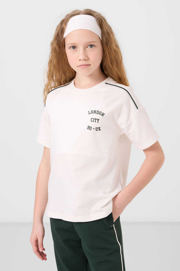 Tommylife Toptan O Yaka Baskılı Lastik Paçalı Standart Fit Kız Çocuk Eşofman Takım 75186 Ekru Çam Yeşil