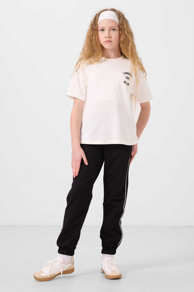 Tommylife Toptan O Yaka Baskılı Lastik Paçalı Standart Fit Kız Çocuk Eşofman Takım 75186 Ekru Siyah