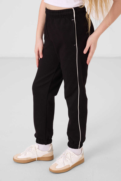 Tommylife Toptan O Yaka Baskılı Lastik Paçalı Standart Fit Kız Çocuk Eşofman Takım 75186 Ekru Siyah