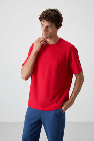 Tommylife Toptan O Yaka Oversize Basic Erkek T-Shirt 88379 Kırmızı