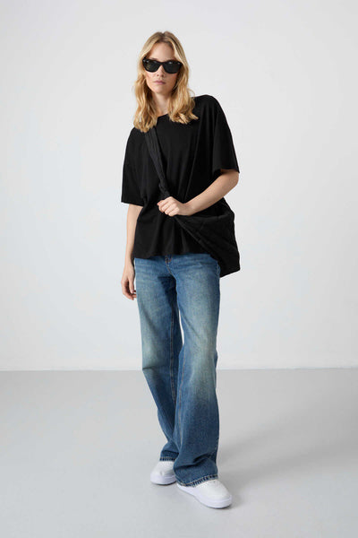 Tommylife Toptan O Yaka Oversize Basic Kadın T-Shirt 97285 Siyah