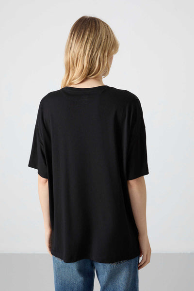 Tommylife Toptan O Yaka Oversize Basic Kadın T-Shirt 97285 Siyah