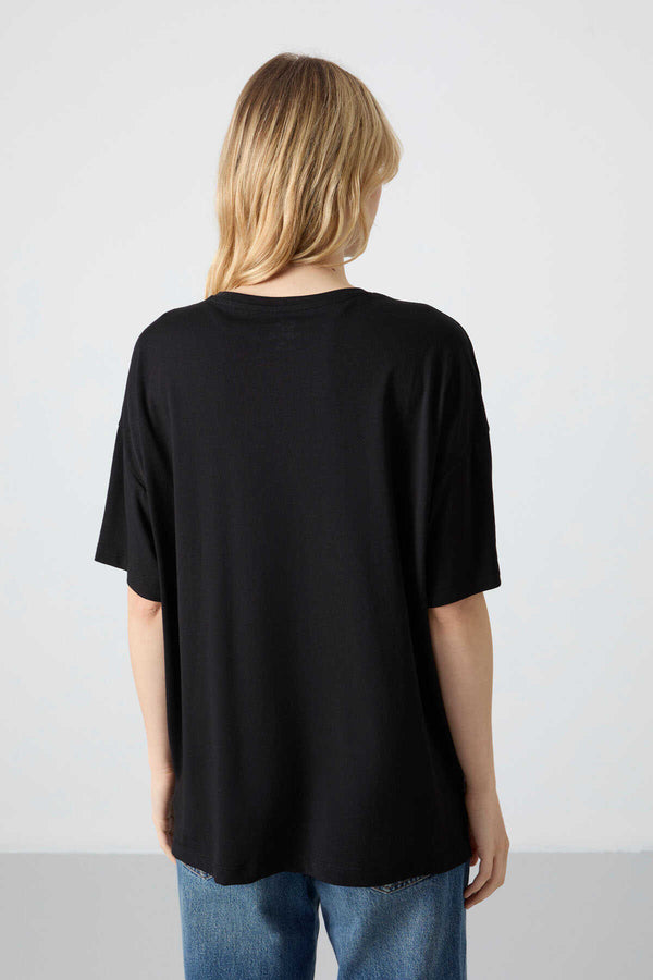 Tommylife Toptan O Yaka Oversize Basic Kadın T-Shirt 97285 Siyah