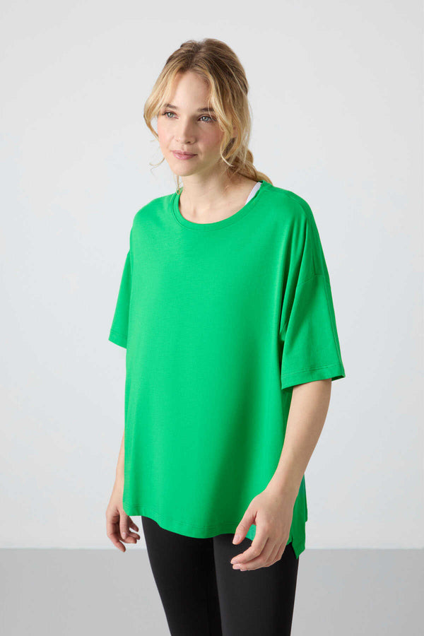 Tommylife Toptan O Yaka Oversize Basic Kadın T-Shirt 97285 Yeşil