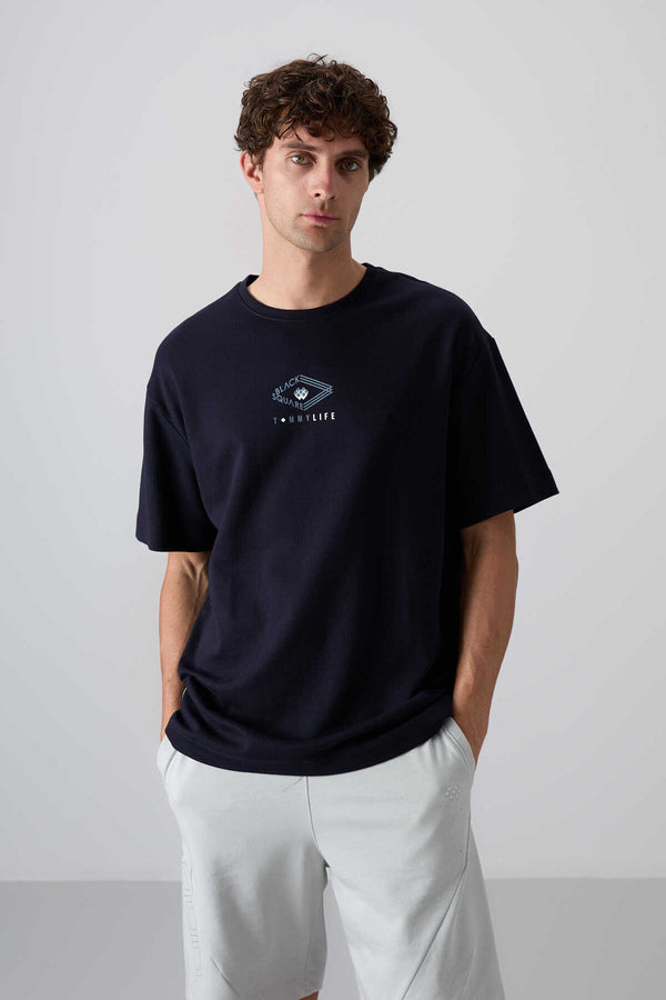 Tommylife Toptan O Yaka Oversize Baskılı Erkek T-Shirt 88325 Lacivert