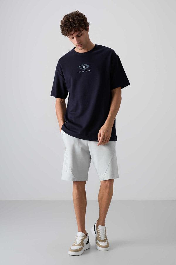 Tommylife Toptan O Yaka Oversize Baskılı Erkek T-Shirt 88325 Lacivert