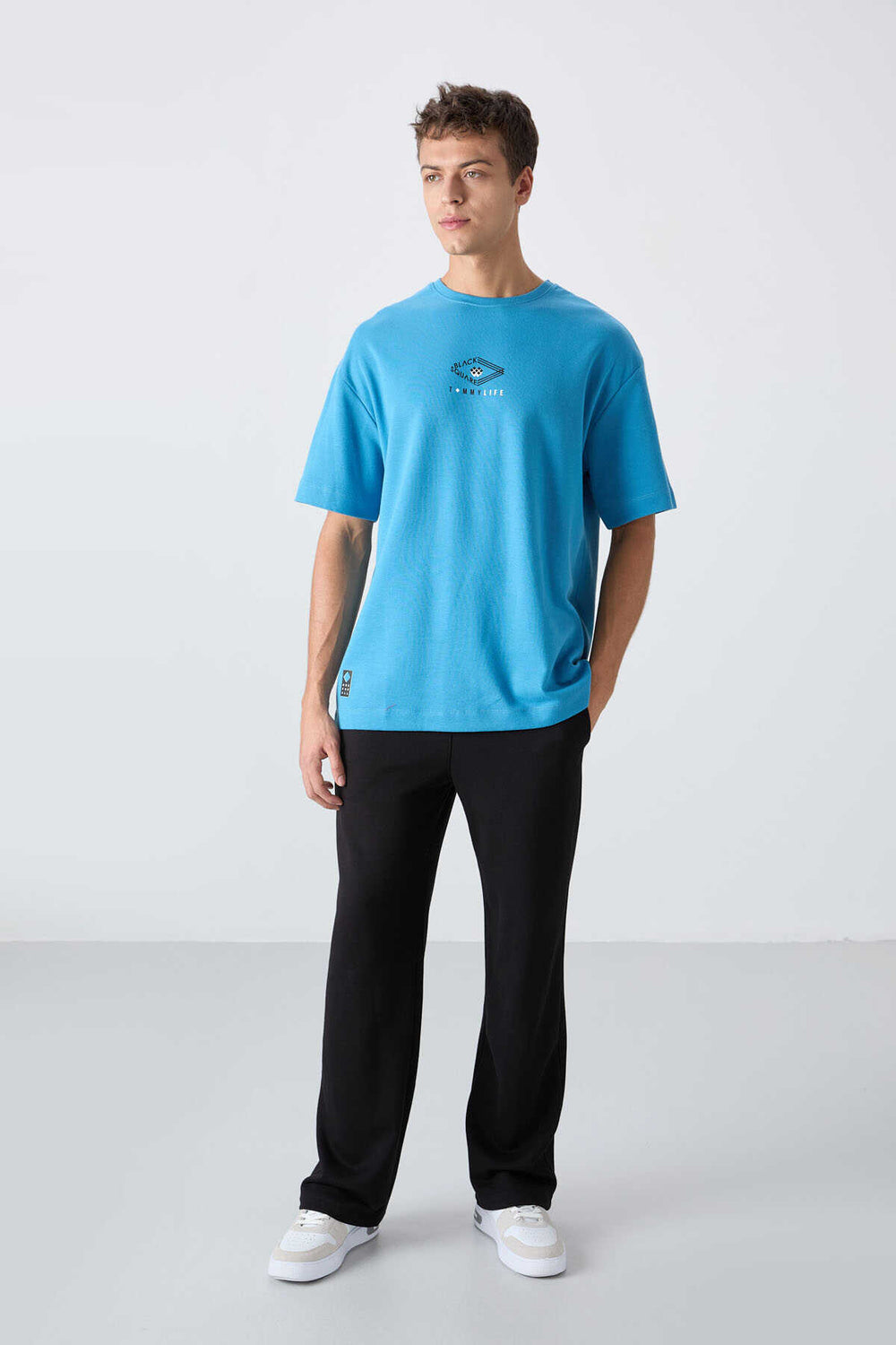 Tommylife Toptan O Yaka Oversize Baskılı Erkek T-Shirt 88325 Petrol Mavi
