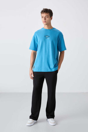 Tommylife Toptan O Yaka Oversize Baskılı Erkek T-Shirt 88325 Petrol Mavi
