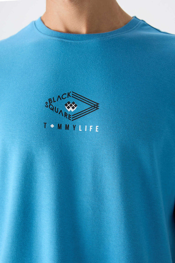 Tommylife Toptan O Yaka Oversize Baskılı Erkek T-Shirt 88325 Petrol Mavi