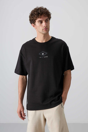 Tommylife Toptan O Yaka Oversize Baskılı Erkek T-Shirt 88325 Siyah