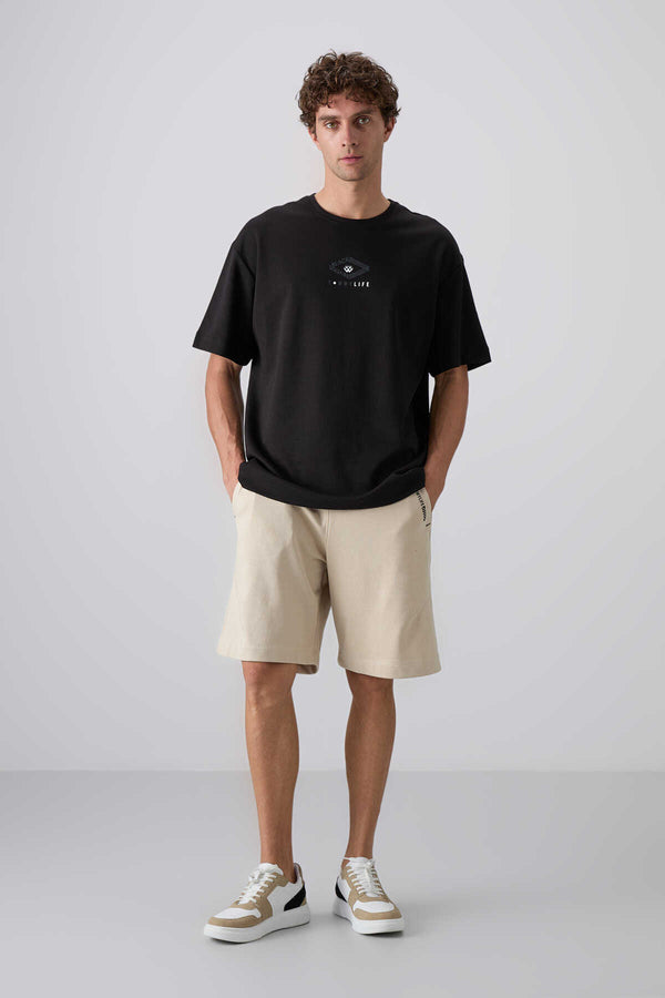 Tommylife Toptan O Yaka Oversize Baskılı Erkek T-Shirt 88325 Siyah