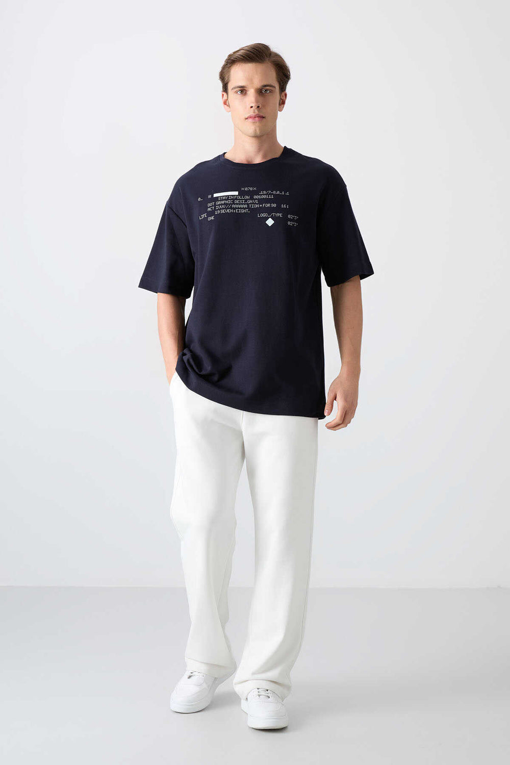 Tommylife Toptan O Yaka Oversize Baskılı Erkek T-Shirt 88326 Lacivert