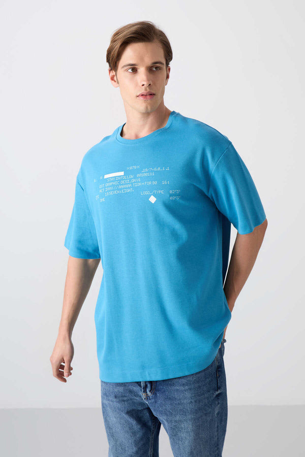 Tommylife Toptan O Yaka Oversize Baskılı Erkek T-Shirt 88326 Petrol Mavi