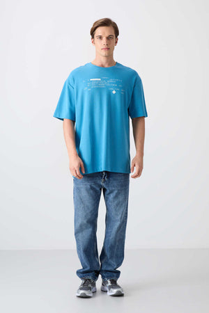 Tommylife Toptan O Yaka Oversize Baskılı Erkek T-Shirt 88326 Petrol Mavi