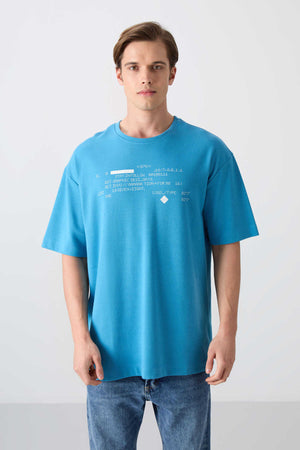 Tommylife Toptan O Yaka Oversize Baskılı Erkek T-Shirt 88326 Petrol Mavi
