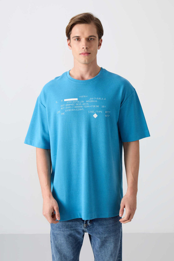 Tommylife Toptan O Yaka Oversize Baskılı Erkek T-Shirt 88326 Petrol Mavi