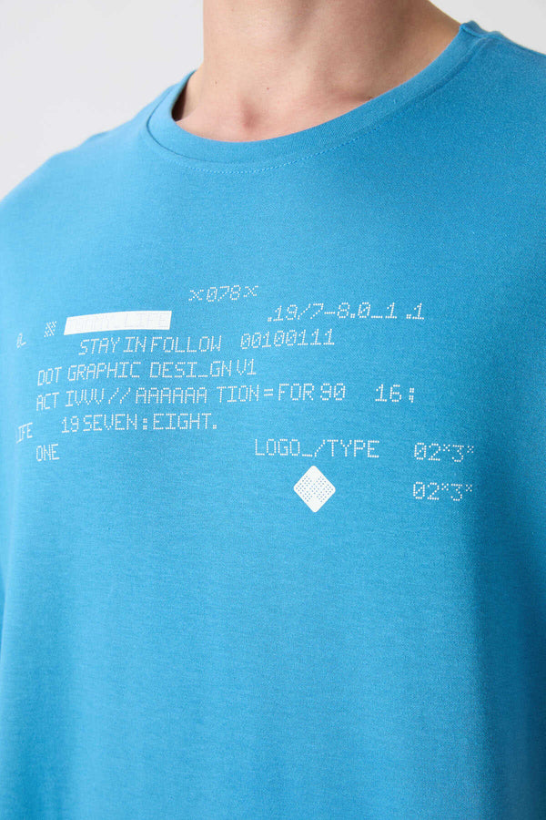 Tommylife Toptan O Yaka Oversize Baskılı Erkek T-Shirt 88326 Petrol Mavi