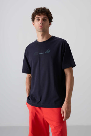 Tommylife Toptan O Yaka Oversize Baskılı Erkek T-Shirt 88330 Lacivert