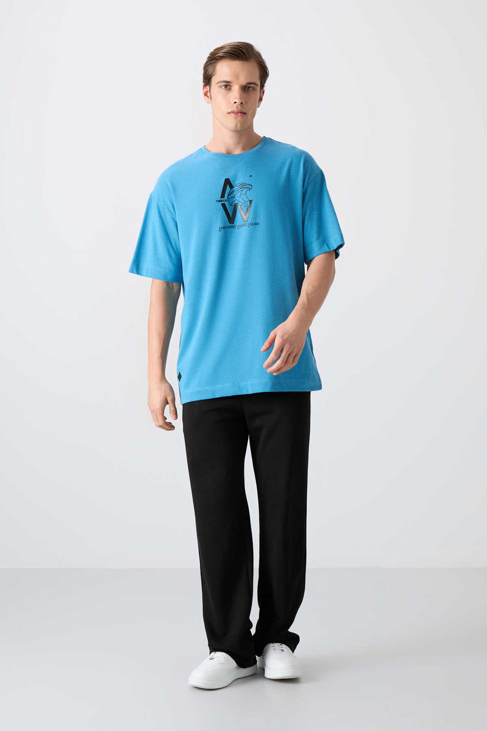 Tommylife Toptan O Yaka Oversize Baskılı Erkek T-Shirt 88332 Petrol Mavi