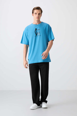 Tommylife Toptan O Yaka Oversize Baskılı Erkek T-Shirt 88332 Petrol Mavi