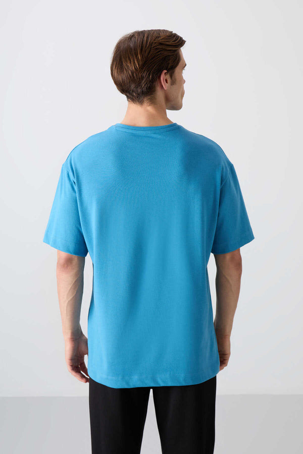 Tommylife Toptan O Yaka Oversize Baskılı Erkek T-Shirt 88332 Petrol Mavi