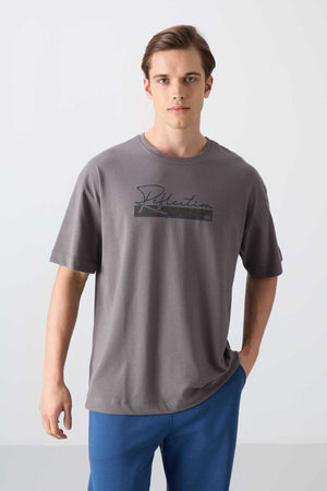 Tommylife Toptan O Yaka Oversize Baskılı Erkek T-Shirt 88334 Koyu Gri