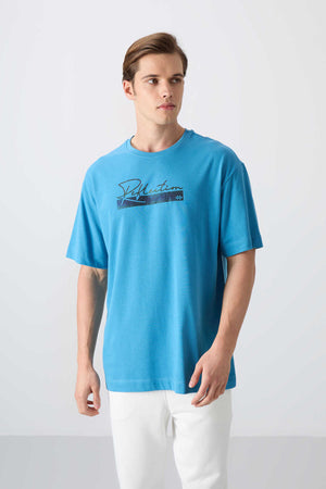 Tommylife Toptan O Yaka Oversize Baskılı Erkek T-Shirt 88334 Petrol Mavi