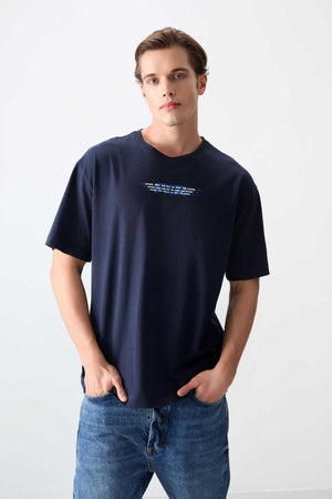 Tommylife Toptan O Yaka Oversize Baskılı Erkek T-Shirt 88356 Lacivert