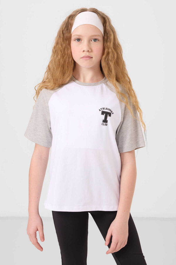Tommylife Toptan O Yaka  Pamuklu Baskılı Oversize Fit Kız Çocuk T Shirt 75179 Beyaz