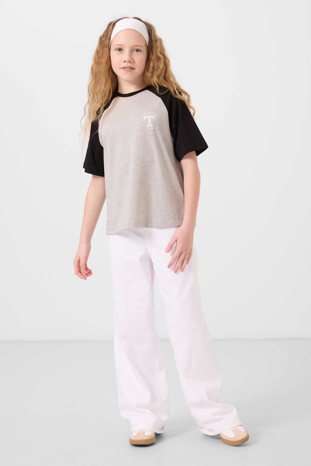 Tommylife Toptan O Yaka  Pamuklu Baskılı Oversize Fit Kız Çocuk T Shirt 75179 Gri Melanj