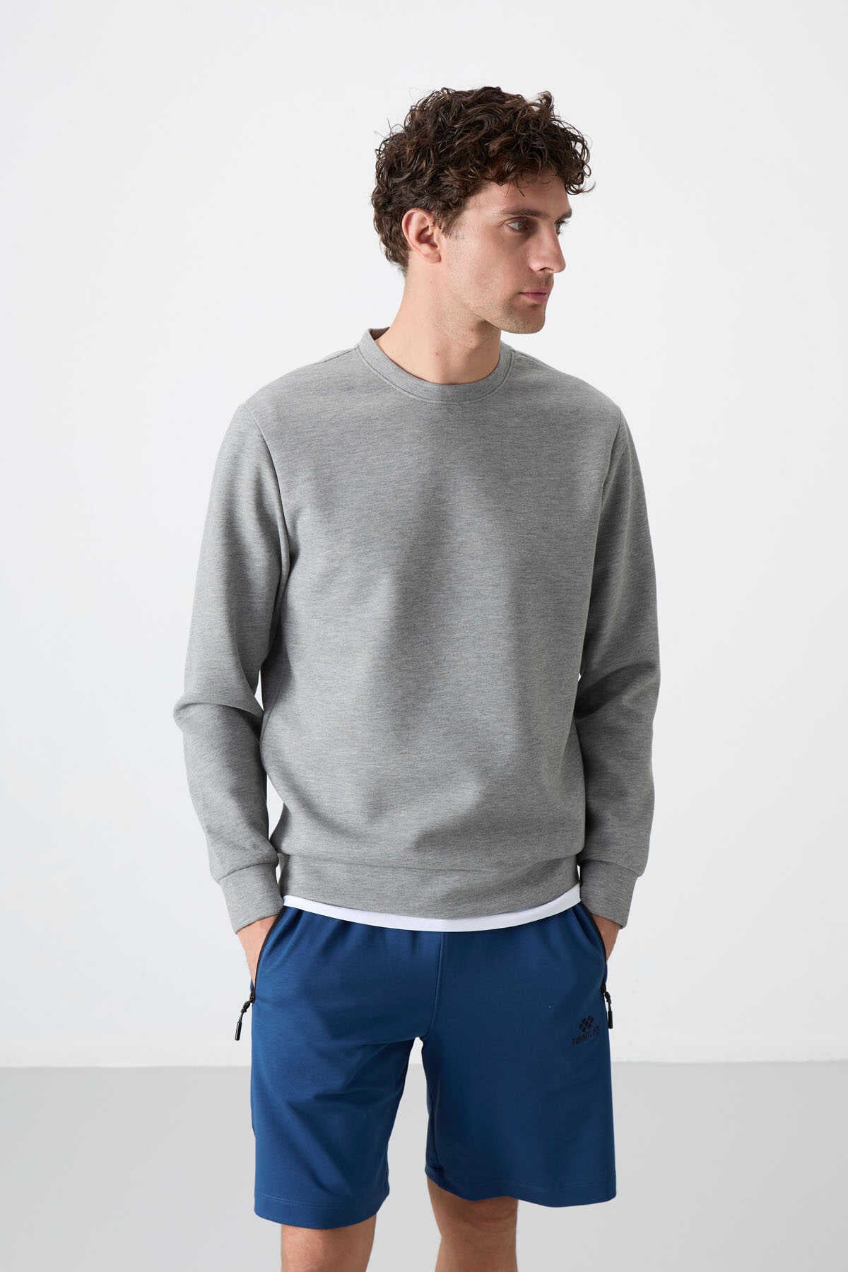 Tommylife Toptan O Yaka Rahat Form Basic Erkek Sweatshirt 88053 Gri Melanj