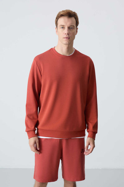 Tommylife Toptan O Yaka Rahat Form Basic Erkek Sweatshirt 88053 Kiremit