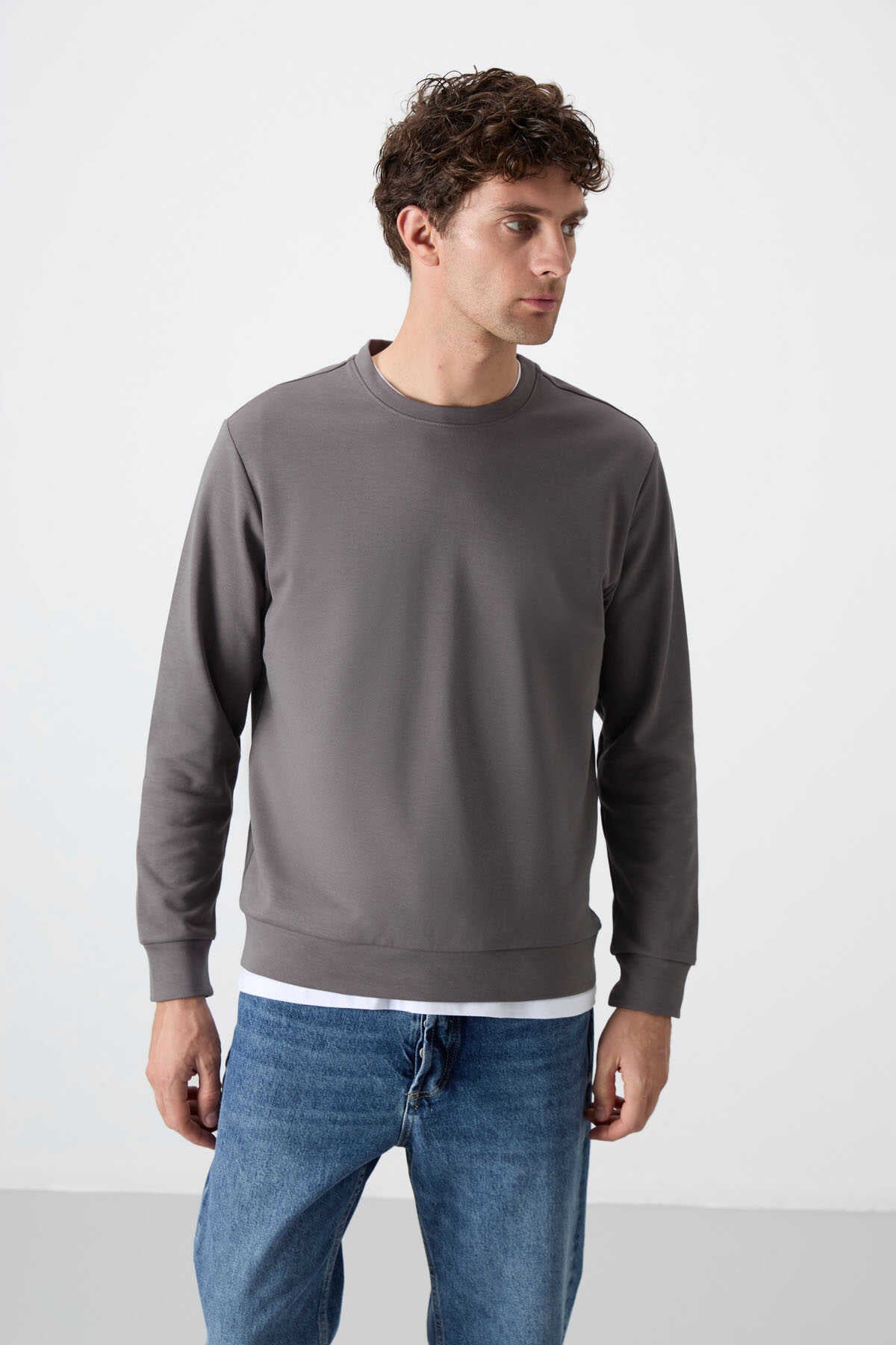 Tommylife Toptan O Yaka Rahat Form Basic Erkek Sweatshirt 88053 Koyu Gri
